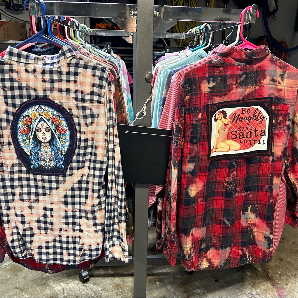 2 NEW CUSTOM REPURPOSED FLANNEL & cotton button up shirts VERY witty sayings